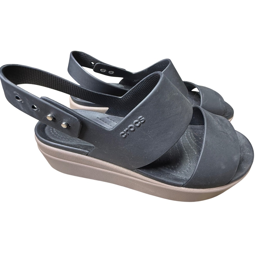 Crocs LiteRide Stretch Sandal Black Tan Wedge Slingback Womens 7